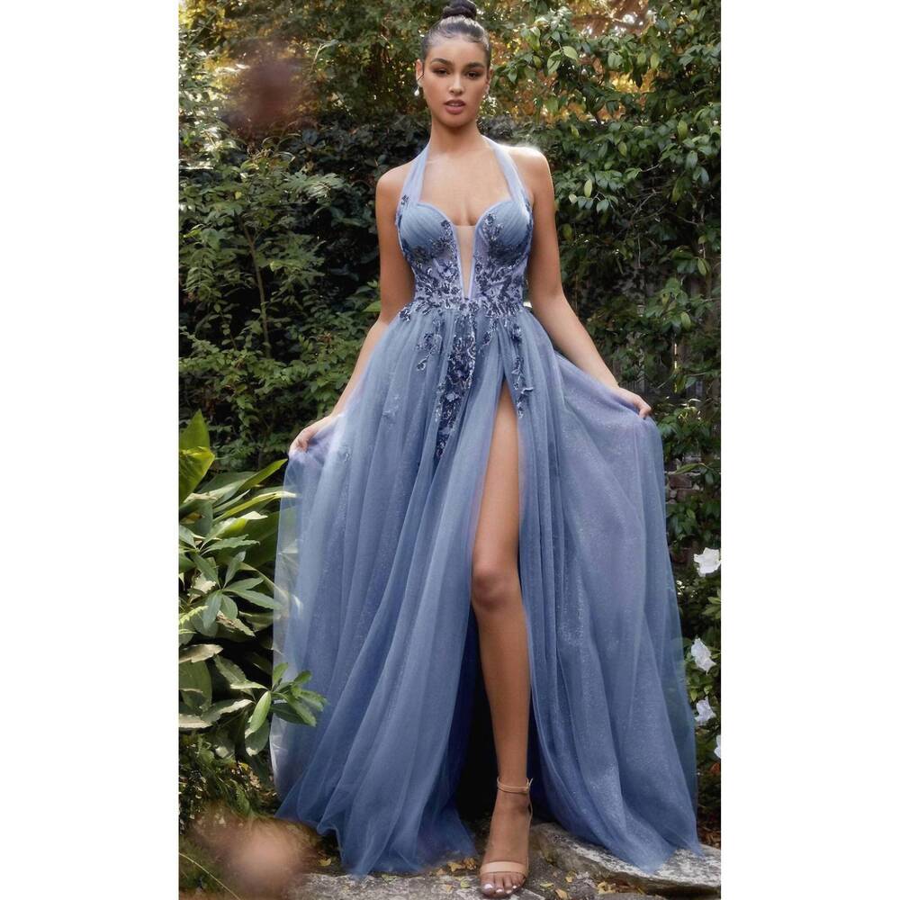 NEW ANDREA & LEO COUTURE halter a-line tulle gown in smoky blue